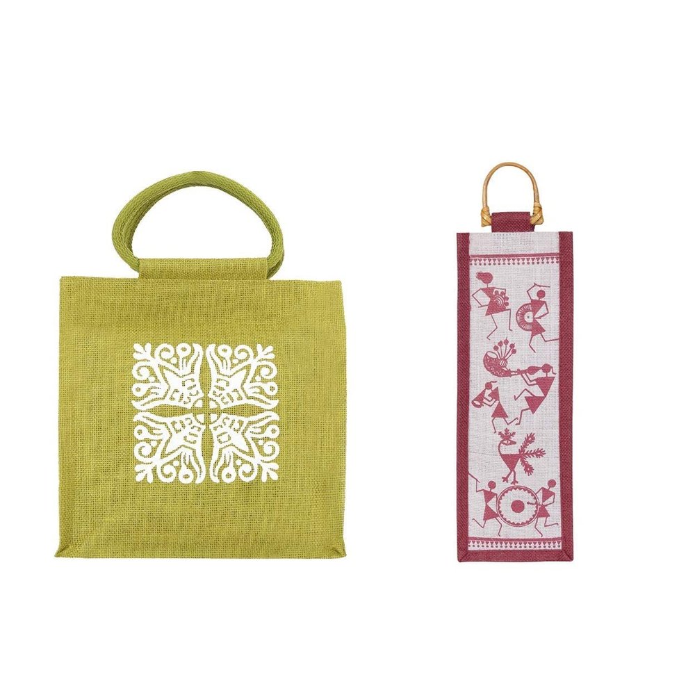 Jute Cottage Eco Friendly Handcrafted Stylish Multi-Purpose Zipper Motif lunch bag & Warli Print 1 Water Bottle Jute Bag Combo Pack.