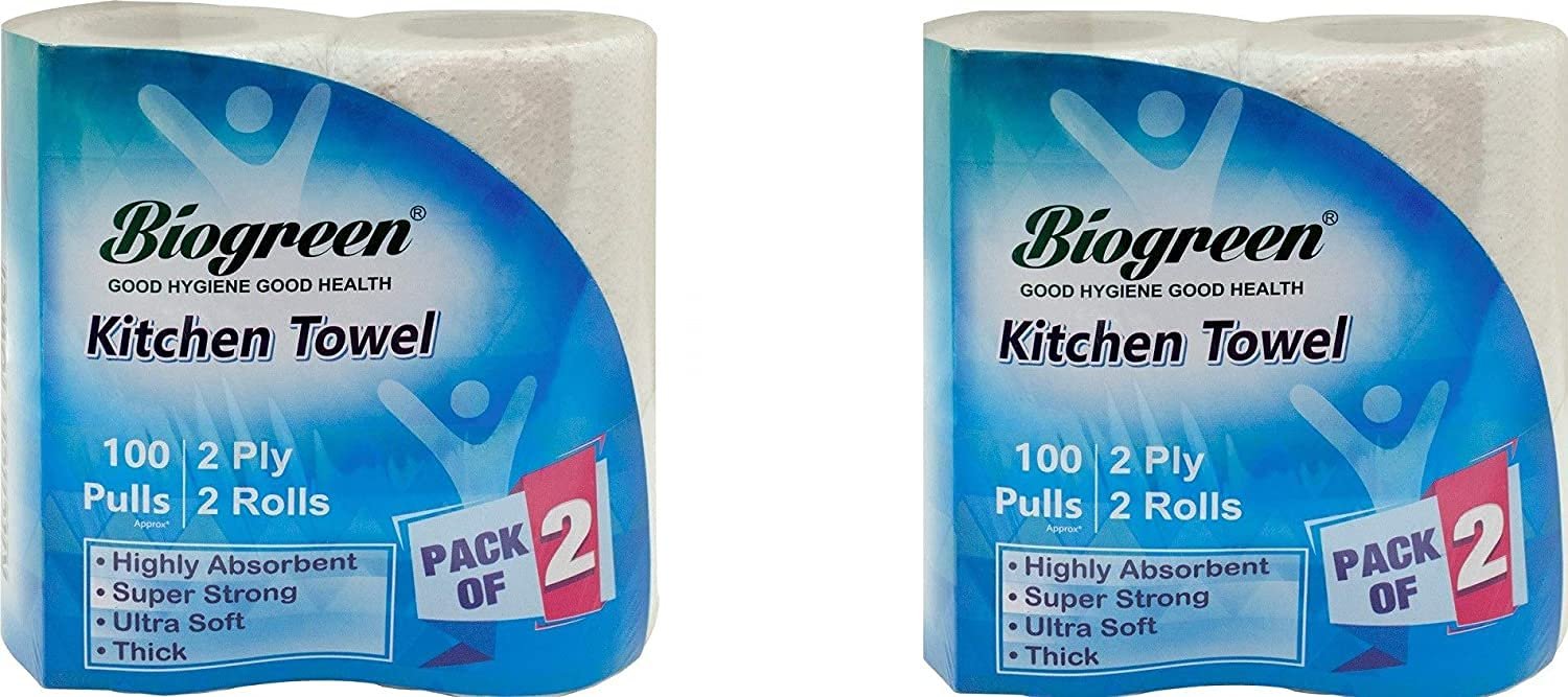 Biogreen Kitchen Paper Tissue/Towel 2 ply 100 Sheets Per Roll pack of 2 each | Pack of 4 Rolls | 100 X 4 = 400 Sheets