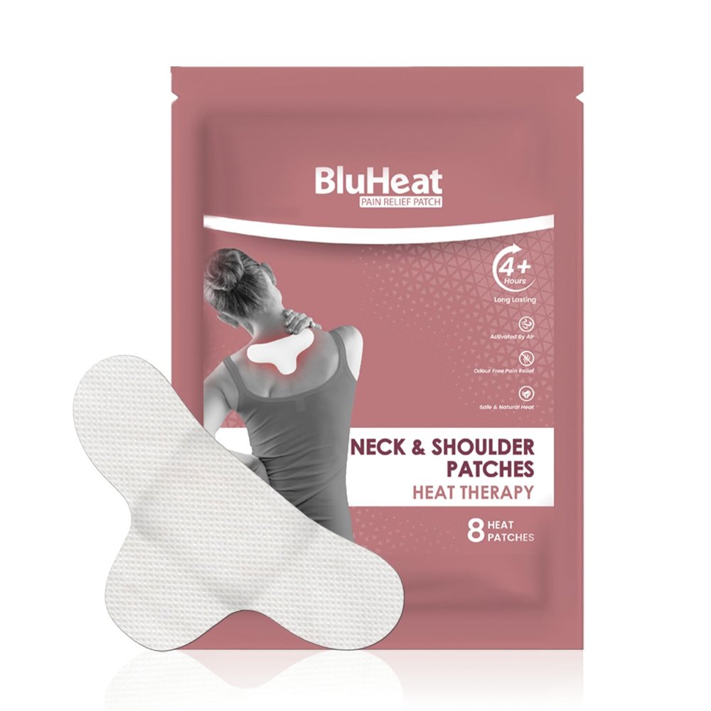 BluHeat Large Neck & Shoulder Pain Relief Patches (Pack of 4), Safe and Natural Heat Therapy, Long Lasting