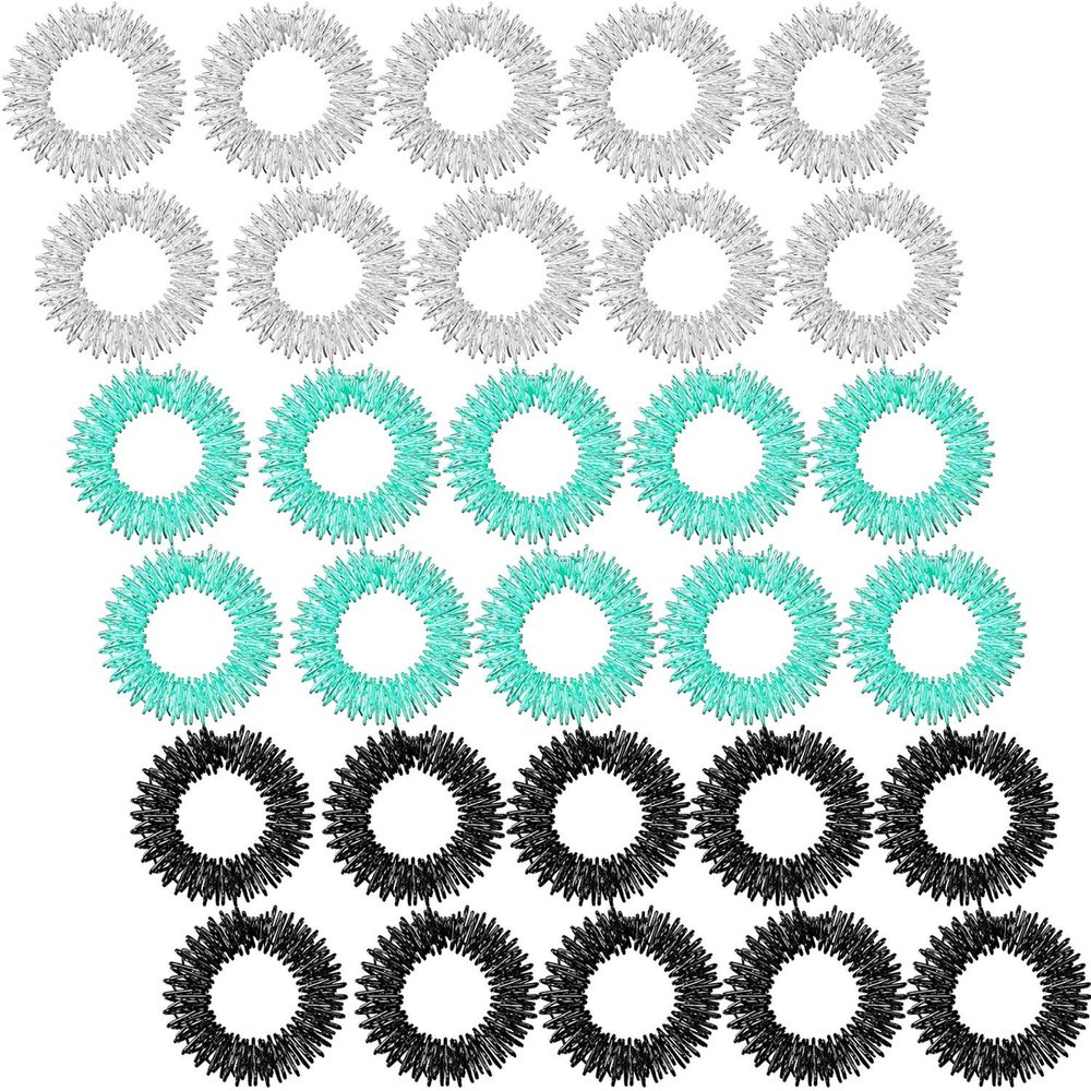 30 Pieces Spiky Sensory Finger Rings, Spiky Finger Ring/Acupressure Ring Set for Teens, Adults, Silent Stress Reducer and Massager (Black, Green, Silver), 30 Count (Pack of 1), Stainless Steel