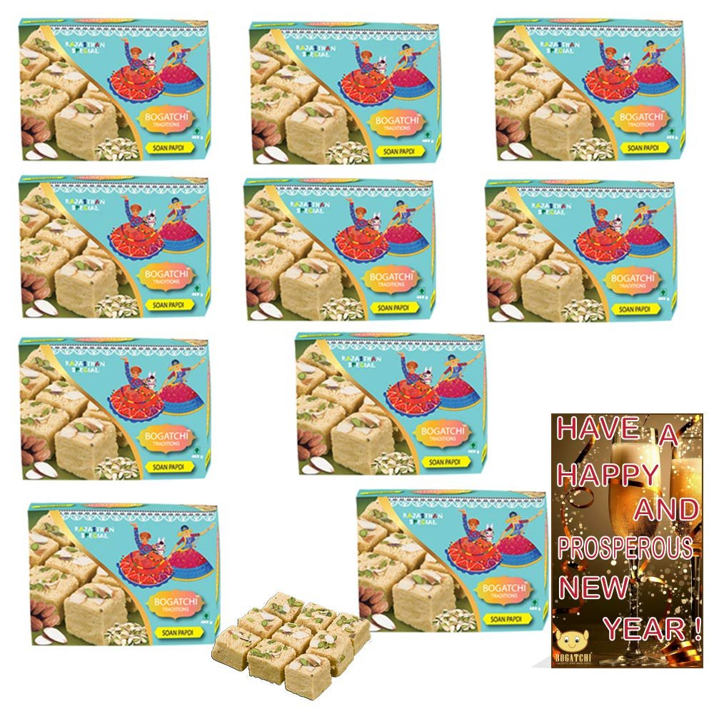 BOGATCHI New Year Sweets Hamper, Cultural Rajasthani Soan Papdi 400g, 10 pkts + Free New Year Card