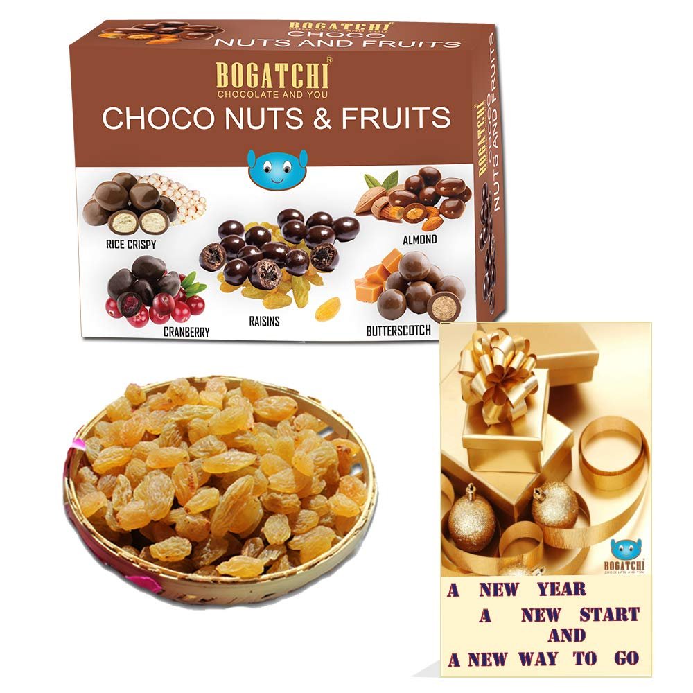 BOGATCHI Happy New Year Gift Pack Chocolate Assorted Nuts and Fruits, 200g | Free Happy New Year Greetings Card + 100 Natural Raisins
