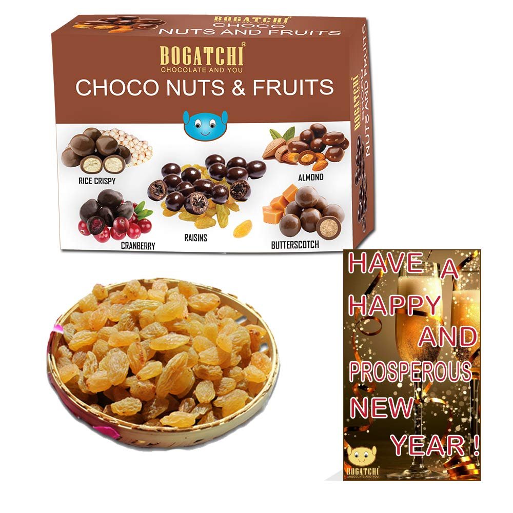 BOGATCHI Happy New Year Gift Pack Chocolate Assorted Nuts and Fruits, 100g | Free Happy New Year Greetings Card + 100 Natural Raisins