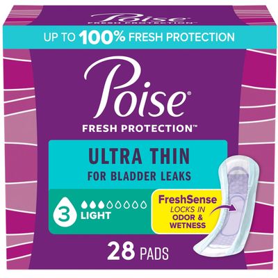 Poise Ultra Thin Incontinence Pads & Postpartum Incontinence Pads, 3 Drop Light Absorbency, Regular Length, 28 Count, Packaging May Vary