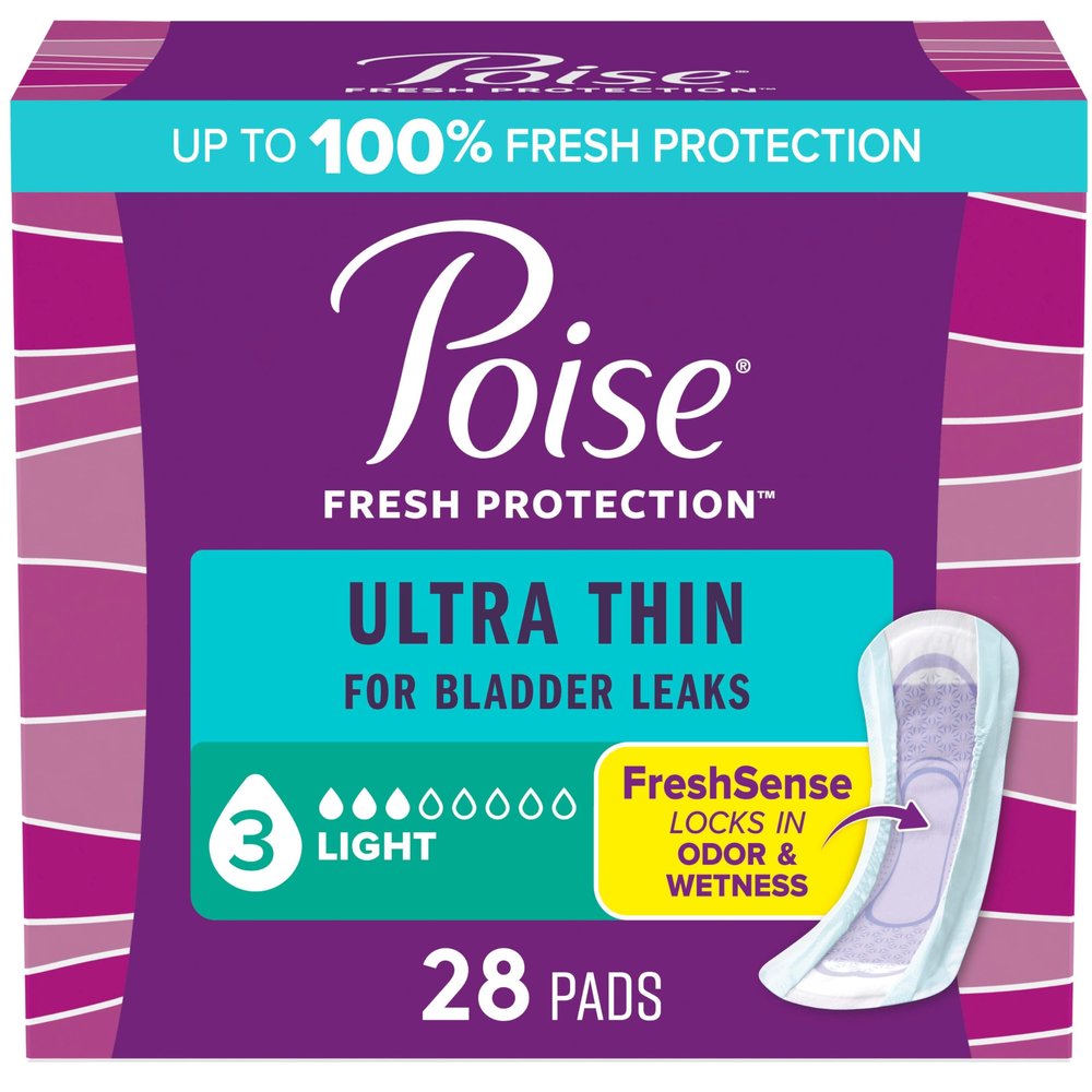Poise Ultra Thin Incontinence Pads & Postpartum Incontinence Pads, 3 Drop Light Absorbency, Regular Length, 28 Count, Packaging May Vary