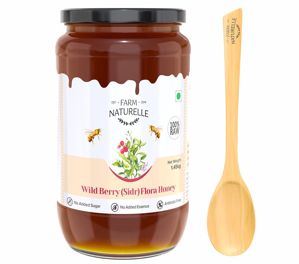 Farm Naturelle-Wild Berry (sidr) Flora Honey Honey|1450gm and a Wooden Spoon| 100% Pure & Organic Honey, Raw Natural Un-processed - Un-heated Honey | Lab Tested Honey In Glass Bottle.