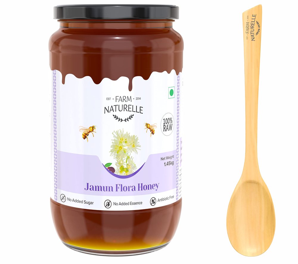 Farm Naturelle: Jamun Flower Honey, Wild Forest Honey |1450g and a Wooden Spoon |100% Pure Honey, Raw Natural Un-processed - Un-heated Honey | Lab Tested In Glass Bottle.