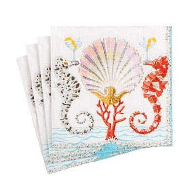 Caspari Seahorses and Shell Paper Cocktail Napkins - Two Packs of 20