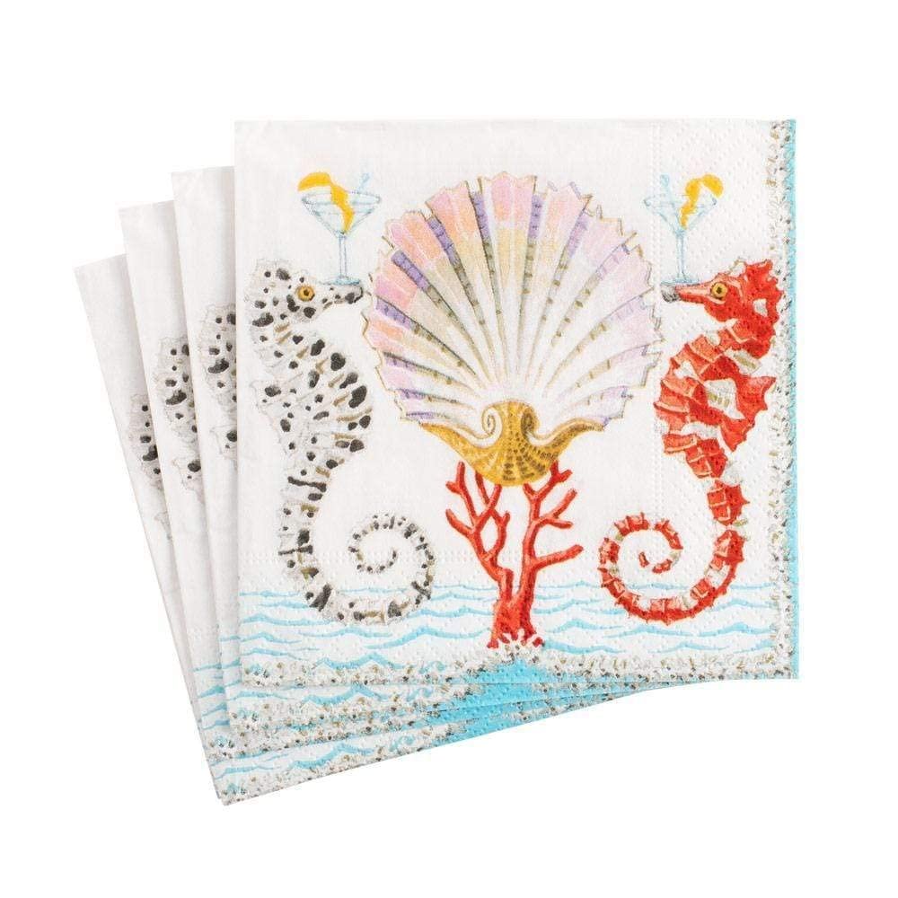 Caspari Seahorses and Shell Paper Cocktail Napkins - Two Packs of 20
