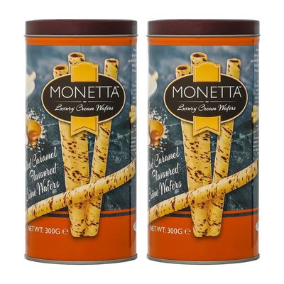 Monetta Wafer Rolls - (300g x 2)| Salted Caramel Flavored | Crispy & Creamy | Premium Ready to Eat Snacks