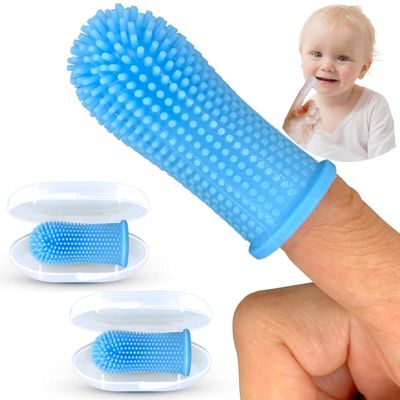 360 Bristle Silicone Baby Finger Toothbrush, 100% BPA Free for Toddlers and Infants 3 Months and Up, Full Surround Design for Teeth and Gum Cleaning; 2 Sets of Finger Brushes Baby Blue