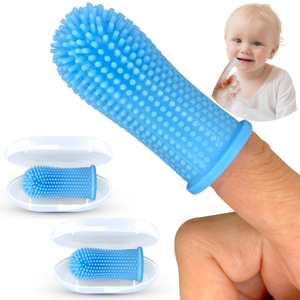 360 Bristle Silicone Baby Finger Toothbrush, 100% BPA Free for Toddlers and Infants 3 Months and Up, Full Surround Design for Teeth and Gum Cleaning; 2 Sets of Finger Brushes  Baby Blue