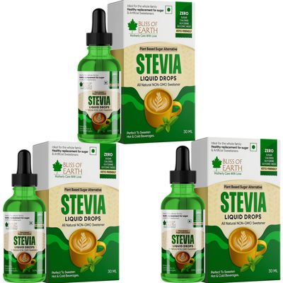 Bliss of Earth Stevia Liquid Drops Sugar free Zero Calorie Diabetic and Keto Friendly Sugar Substitute Glycerin Free 99.8% REB Glass Bottle Pack of 3x30ml
