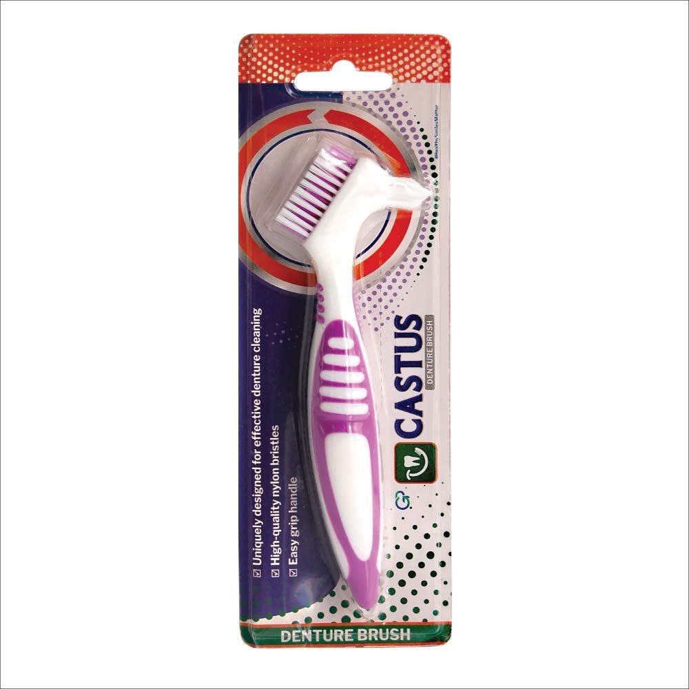 CASTUS Denture Brush | Specially Designed To Clean Dentures | Easy Grip Handle | Nylon Bristles - Manual, Adult, White Pack Of 3