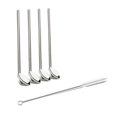 E shopping Drinking Straws with Attached Spoon Stainless Steel, Long, Rustproof, 8 Inches with Cleaning Brush : 4 Pcs Set