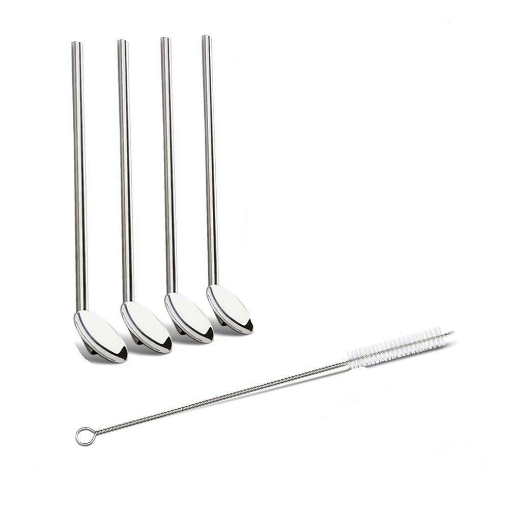 E shopping Drinking Straws with Attached Spoon Stainless Steel, Long, Rustproof, 8 Inches with Cleaning Brush : 4 Pcs Set