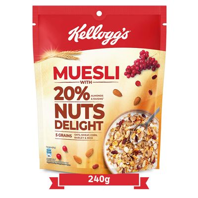 Kellogg's Muesli 20% Nuts Delight|Breakfast Cereal|High In Iron|High In Fibre|Naturally Cholesterol Free|240G Pack