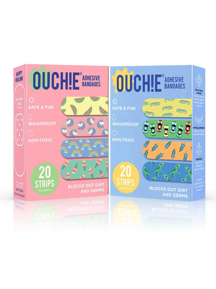 Aya Papaya Ouchie Non-Toxic Printed Bandages Double Combo (40 Pack) - Pink & Blue