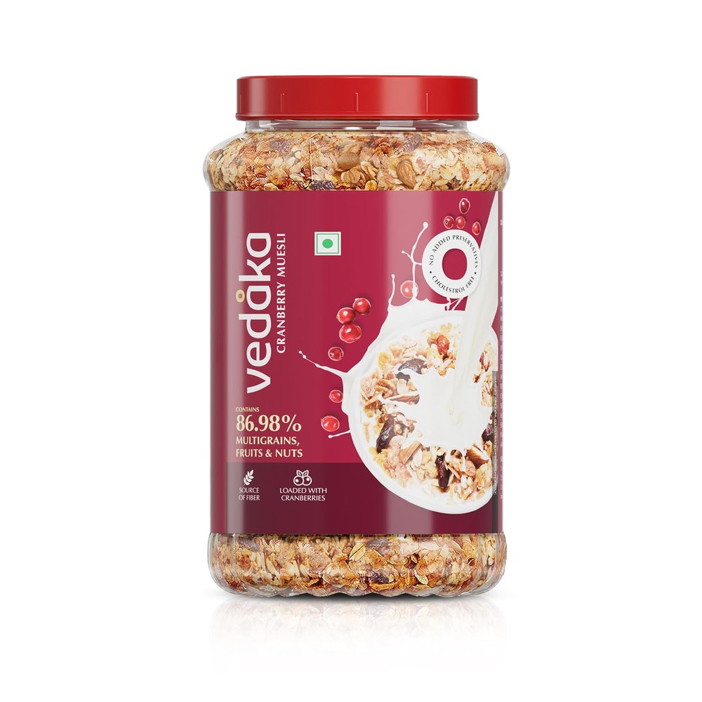 Amazon Brand - Vedaka Cranberry Muesli 1 kg Jar | Contains 86.98% Dry Fruits, Nuts and Multigrains | Loaded with Cranberries | Source of Fiber | No Added Preservatives | Breakfast Cereal