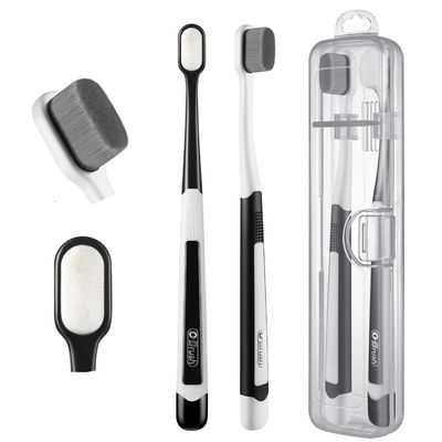 OBrush Soft Toothbrush for Sensitive Gums, New Japanese 20,000 Micro Fine Nano Bristles Tooth Brush for Adults, Pregnant and Elderly, Packed in Portable Case, Color Black and White Pack of 2