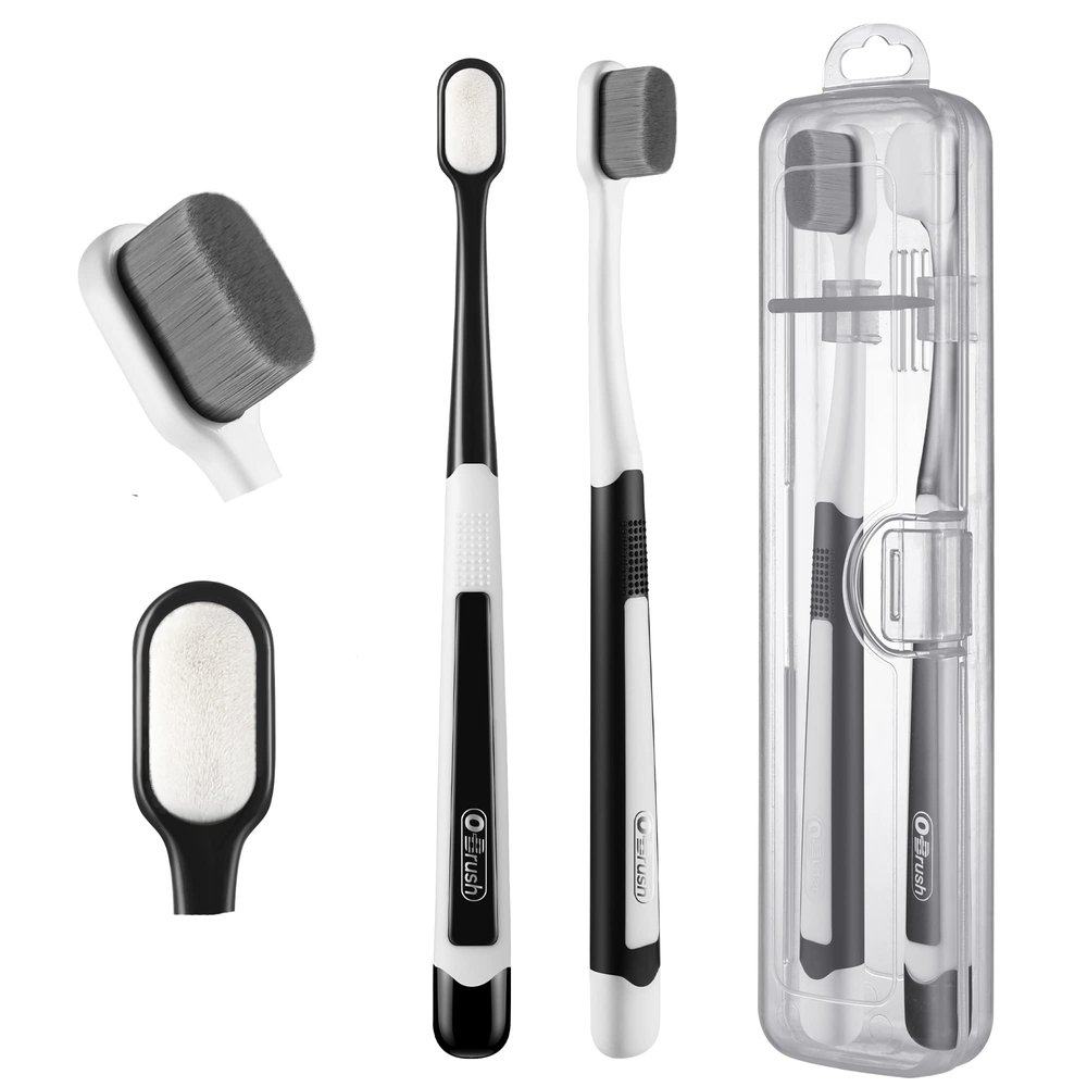 OBrush Soft Toothbrush for Sensitive Gums, New Japanese 20,000 Micro Fine Nano Bristles Tooth Brush for Adults, Pregnant and Elderly, Packed in Portable Case, Color Black and White Pack of 2
