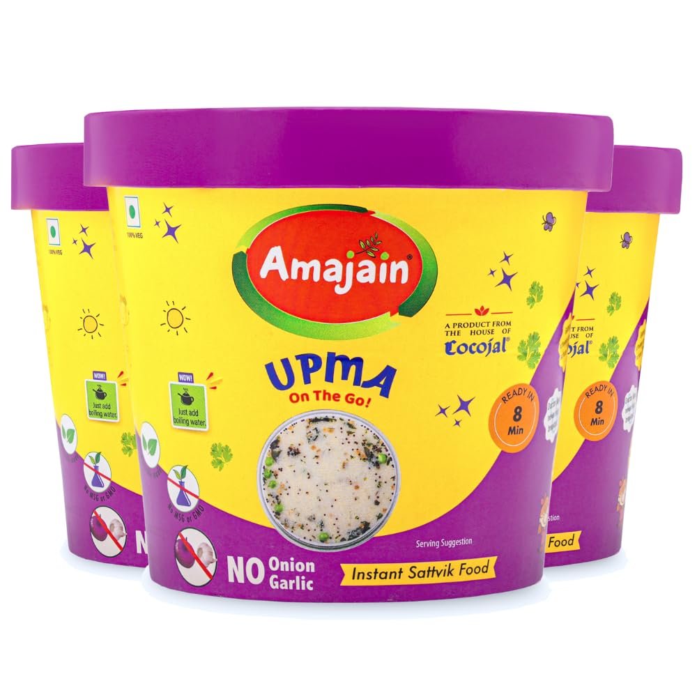 Amajain Instant Sattvik Healthy Upma, Ready-to-Eat, No Added Preservatives, No Added Flavours, Jain-Friendly, 70g (Pack of 3)