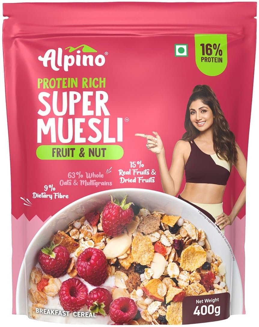 ALPINO Protein-Rich Super Muesli Fruit & Nuts 400g - 63% Whole Grains, 15% Fruits & Nuts - 16% Protein, Source of Dietary Fibre & Healthy Fats