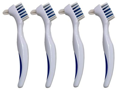 Denture Cleaner Brushes - Dual Sided Toothbrush with Ergonomic Rubber Handle for Dental Denture Care - Cleaning Brush Set 4-Pack FREE Eyeglass Pouch
