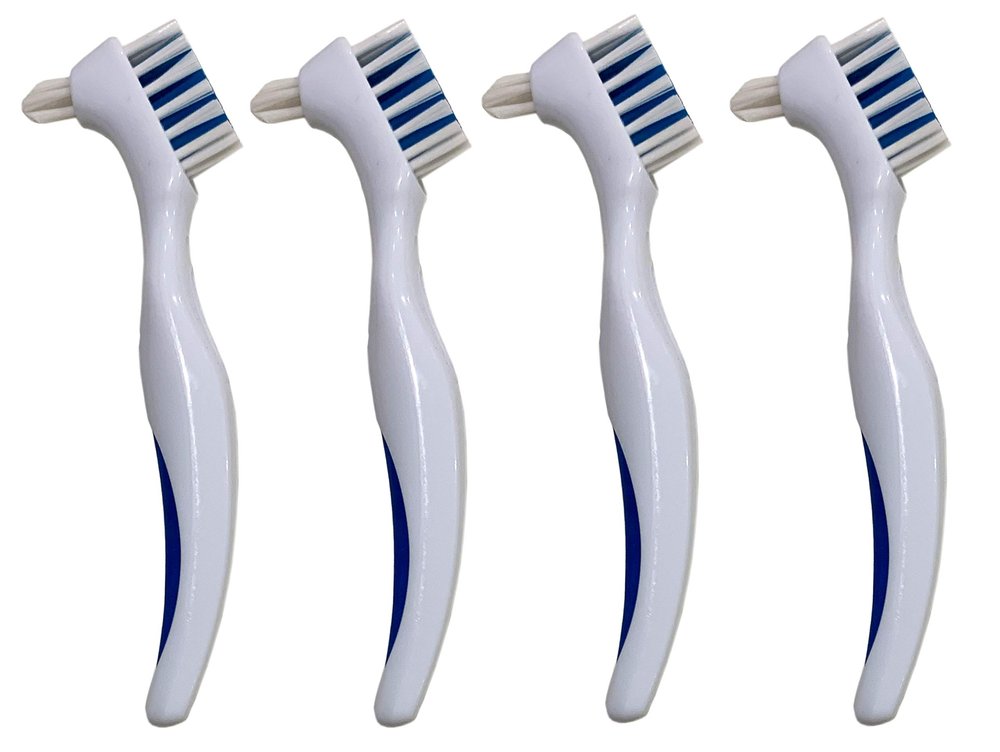 Denture Cleaner Brushes - Dual Sided Toothbrush with Ergonomic Rubber Handle for Dental Denture Care - Cleaning Brush Set 4-Pack FREE Eyeglass Pouch