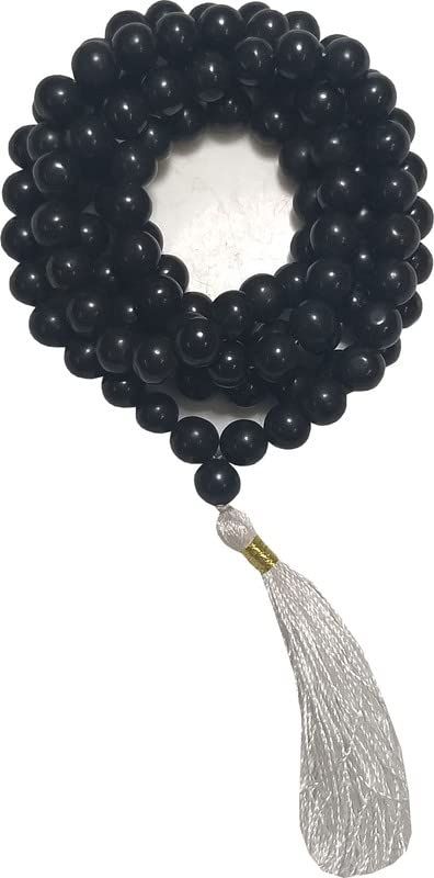 Aldomin Natural Energized Black Agate (Hakik) 108 Bead Healing Crystal Rosary,Necklace,Mala (Bead Size 8.5 MM)