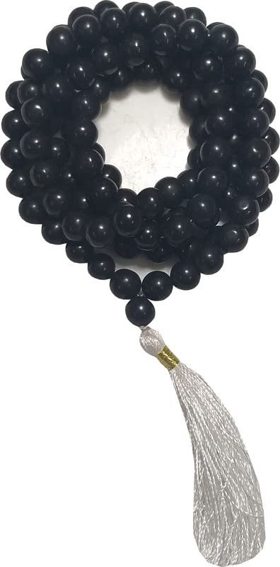 Aldomin Natural Energized Black Agate (Hakik) 108 Bead Healing Crystal Rosary,Necklace,Mala (Bead Size 8.5 MM)