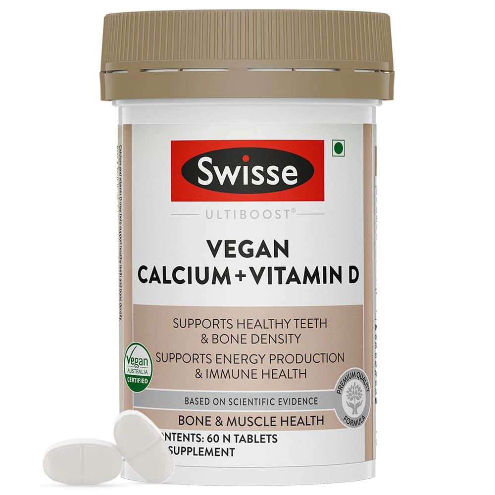 Swisse Vegan Calcium + Vitamin D3 for Stronger Bones, Teeth, Muscles & Immunity - 60 Tablets (Manufactured In Australia, Vegan Source Calcium Supplement For Higher Absorption)