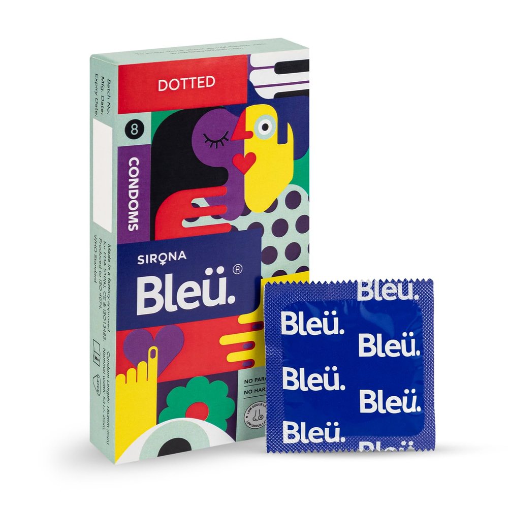 Bleu Vegan & 100% Natural Latex Dotted Condoms for Men | with Extra Dots | Toxin Free - 8 Count (Pack of 1)