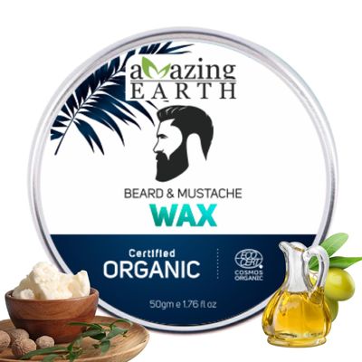 AMAzing EARTH Certified Organic Beard & Mustache Wax for Men - 100% Natural with Bee Wax, Olive, Argan, Patchouli Oil & Shea Butter, No Minerals, Chemical-Free, Vegan & Cruelty Free, ECOCERT - 50gm