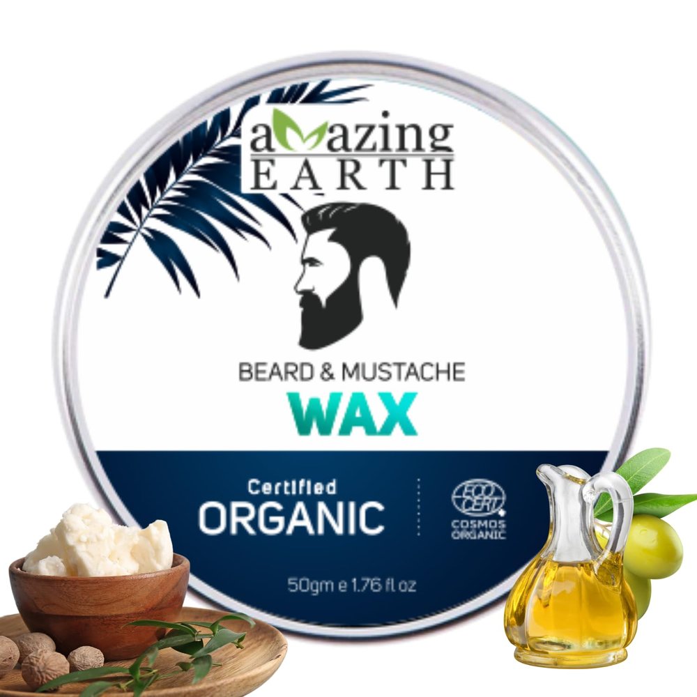 AMAzing EARTH Certified Organic Beard & Mustache Wax for Men - 100% Natural with Bee Wax, Olive, Argan, Patchouli Oil & Shea Butter, No Minerals, Chemical-Free, Vegan & Cruelty Free, ECOCERT - 50gm