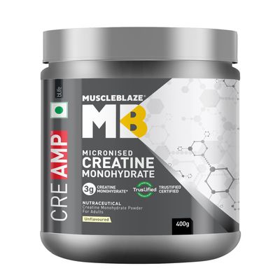 MuscleBlaze Micronised Creatine Monohydrate CreAMP Powder, Unflavoured (129 servings, 400g) | Trustified Certified Creatine