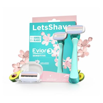 Letsshave Evior 3 Sensitive Shaving Razor for Women | 1 Handle + 2 Blades | Dual Moisture Bar with AloeVera, Vitamin E, Argan & Avocado Oils | Bikini & Underarm Friendly | Full Body Hair Removal Razor | 3 Months of Smooth Shaving