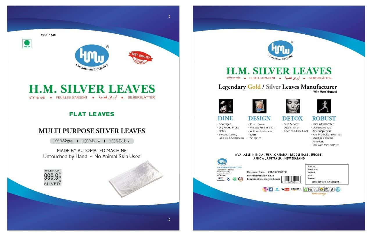 HMW Silver Flat Leaves Varakh for Art,Craft and Decoration 150 Sheets