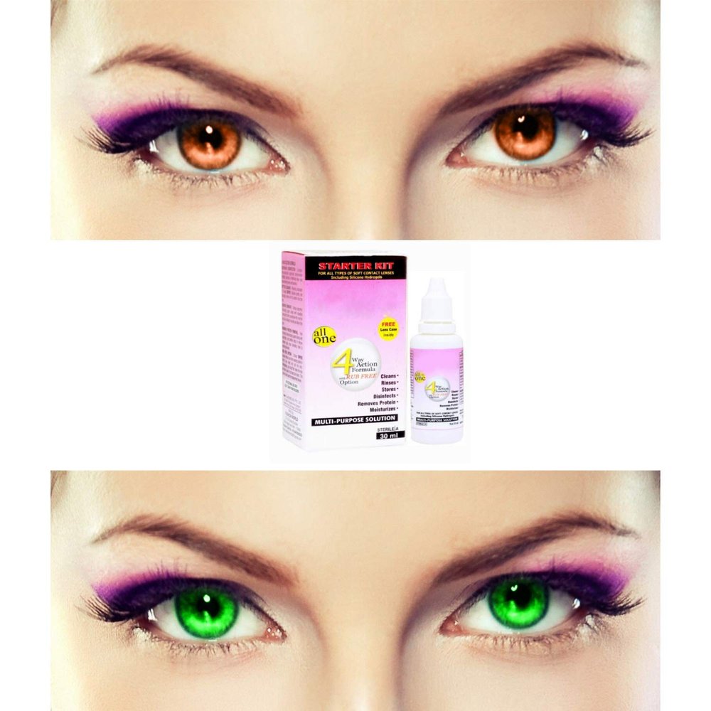 EYCOG 2 Pair Monthly Colored Contact Lenses Zero Power with 30 ml Solution (Brown-Green)