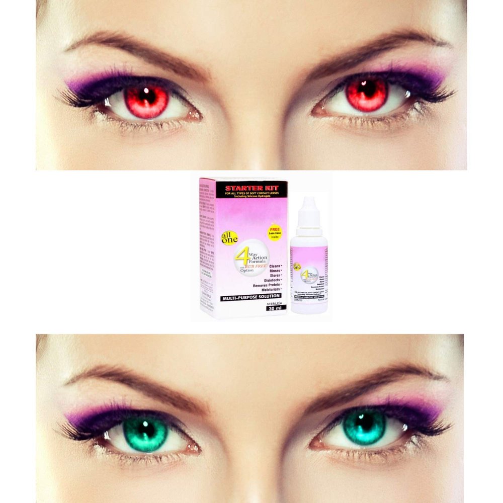 EYCOG 2 Pair Monthly Colored Contact Lenses Zero Power with 30 ml Solution (Red-Sea Blue)