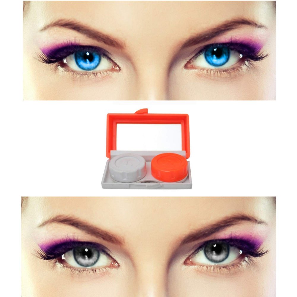 EYCOG 2 Pair Monthly Colored Contact Lenses Zero Power with 1 Lens Travel Kit (Light Blue-Grey)