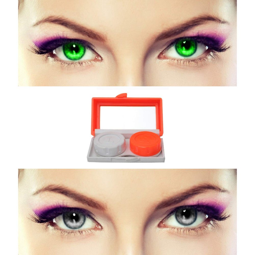 EYCOG 2 Pair Monthly Colored Contact Lenses Zero Power with 1 Lens Travel Kit (Green-Grey)
