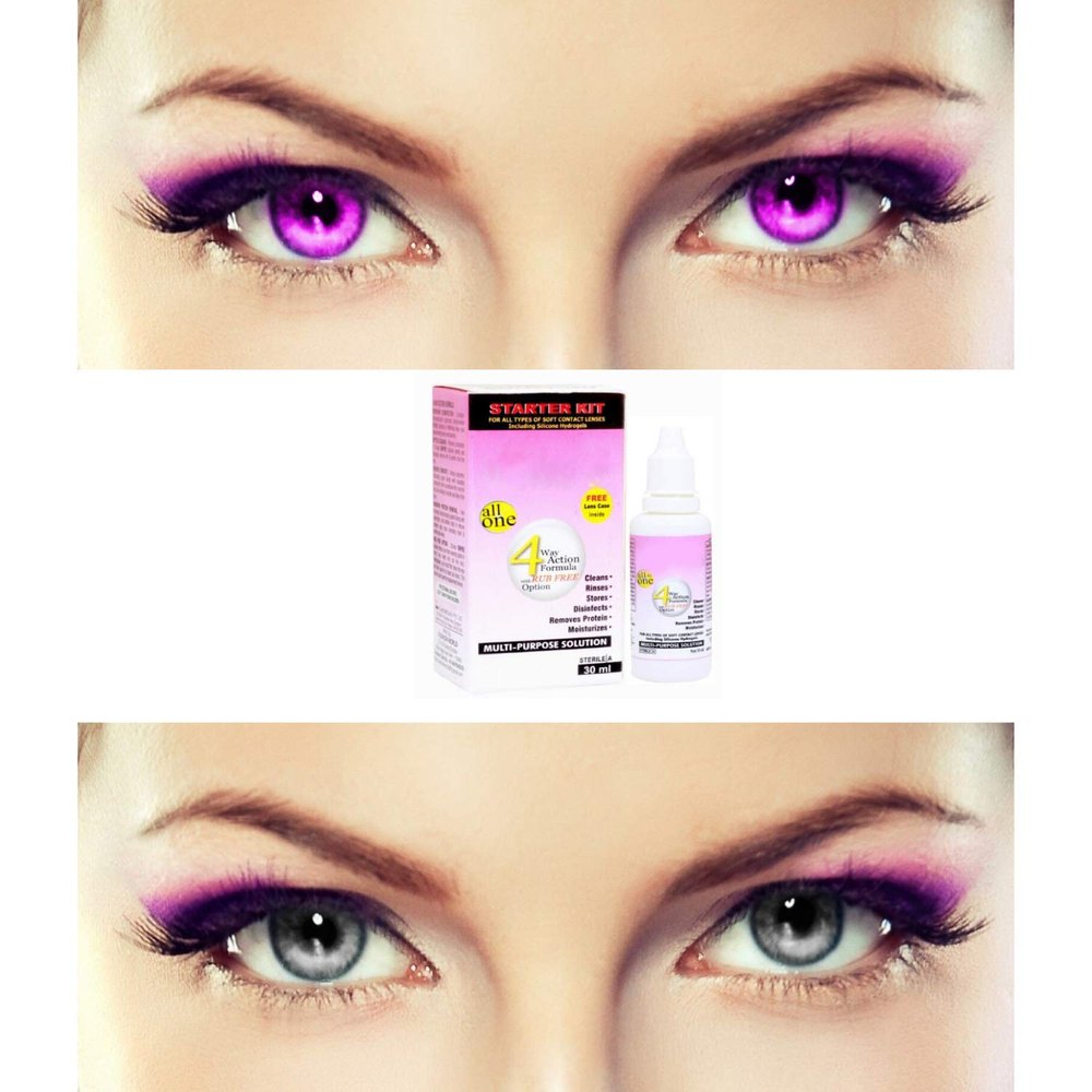 EYCOG 2 Pair Monthly Colored Contact Lenses Zero Power with 1 Lens Travel Kit (Violet-Grey)