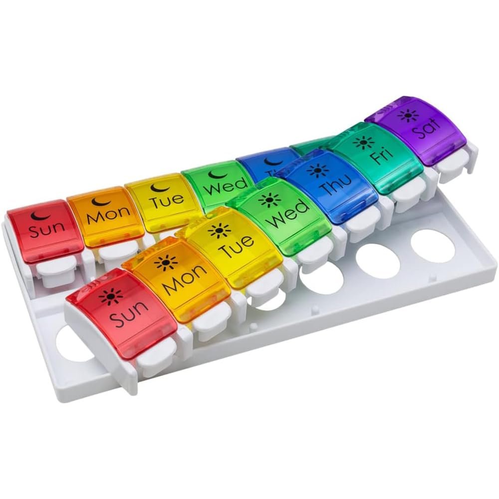Ezy Dose 7-Day Pill Organizer Box | 2 Times a Day, AM PM | Extra Large Compartments | Rainbow Lids | FDA Registered