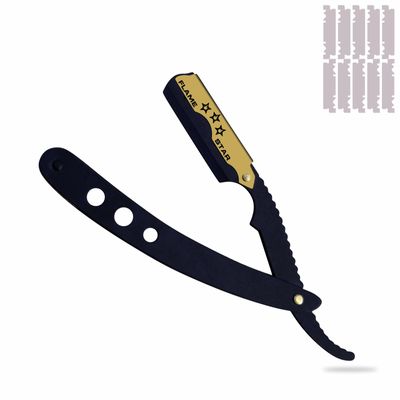 Black and Gold Changeable Blade Professional Barber Straight Edge Salon Hair Cut Razor 100% Stainless Steel with Blades By Flame Star