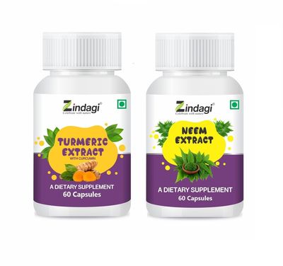 ZINDAGI Ndagi 100% Pure Neem Extract Capsules With Turmeric Extract Capsules With Curcumin - Powerful Antioxidant Capsules (Combo Pack)