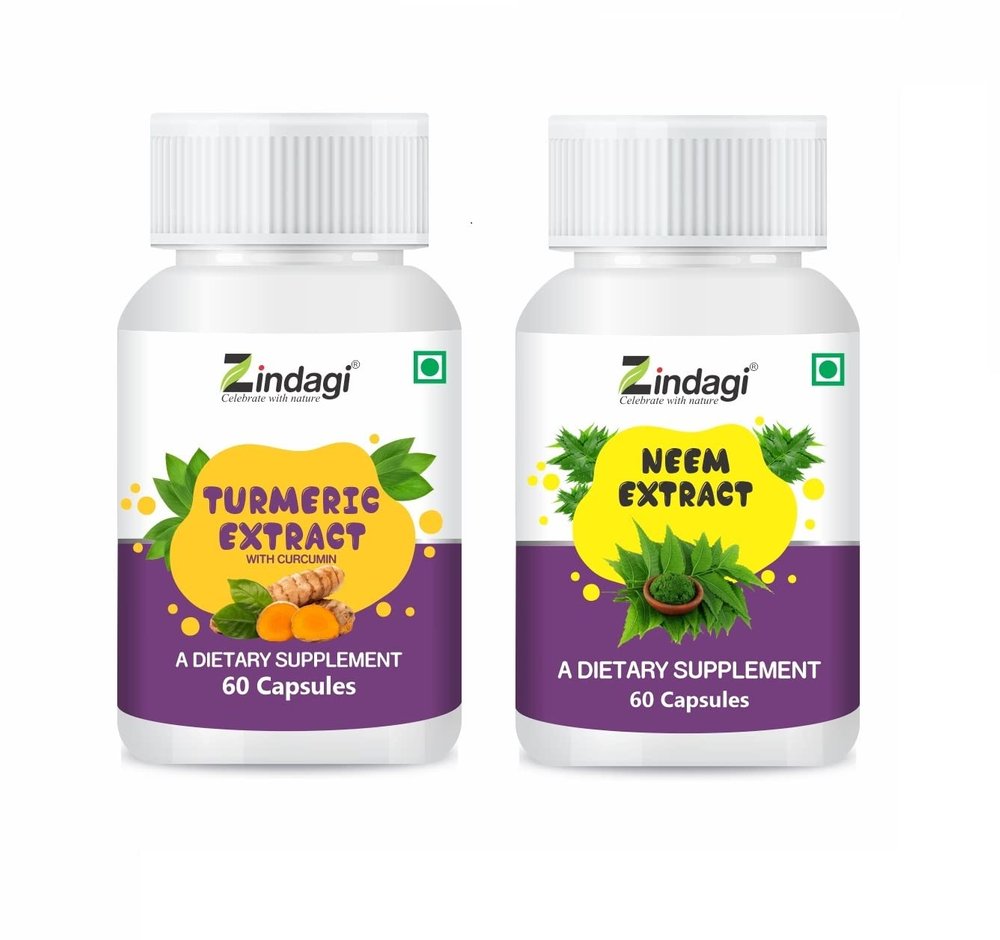 ZINDAGI Ndagi 100% Pure Neem Extract Capsules With Turmeric Extract Capsules With Curcumin - Powerful Antioxidant Capsules (Combo Pack)