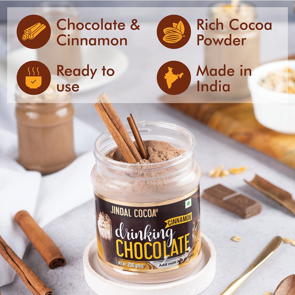 Jindal Cocoa Drinking Chocolate Cinnamon Powder - 200g | Goes well with Hot or Cold Chocolate Drink | No Artificial Colours | No Artificial Preservatives | No Trans-Fat | 100% Vegetarian (400g)