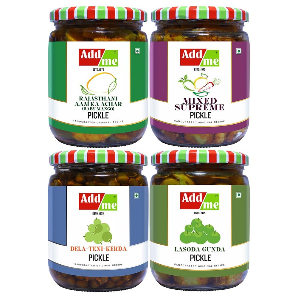 Add me 4 in 1 Combo Pack of Rajasthani Pickles. Mango Pickle aam ka achar 500gm + Ker teet Pickle 500 gm + Lasoda ka Achar Gunda 500 gm + Mixed Supreme achar 500gm = 2kg