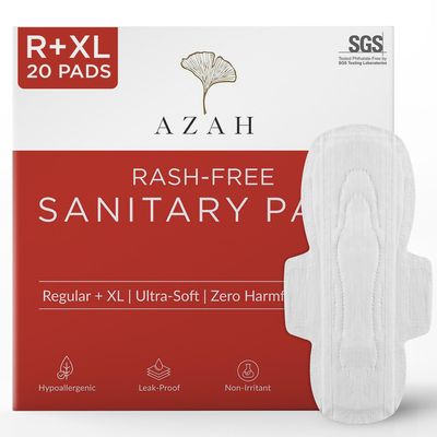 AZAH Sanitary Pads for Women (10 Reg + 10 XL) [Pack of 20] 100% Rash-Free sanitary napkins | 3x More Absorption, Cottony Soft and Dry Top Cover for heavy Flow | Toxin Free, Locks Odour, Leak-Proof